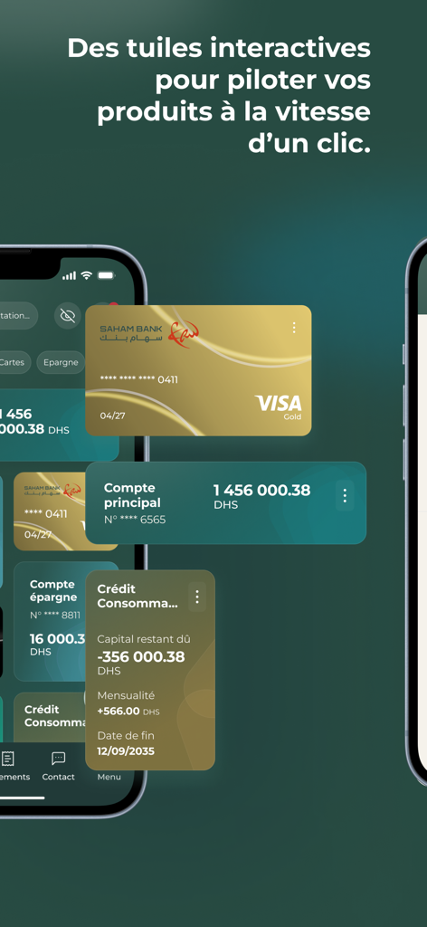 Saham Bank mobile app dashboard with interactive tiles for accounts and credit management