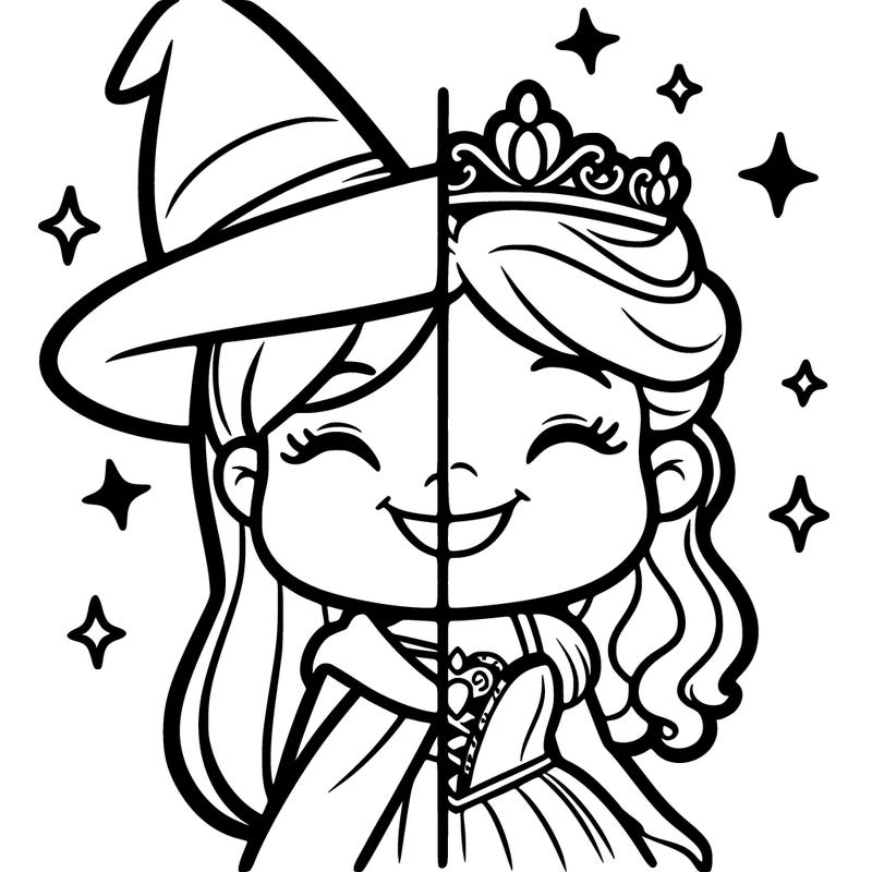 a witch and princess smiling at each other split