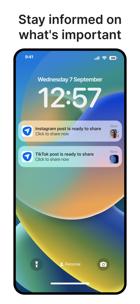 Pantalla de bloqueo del iPhone mostrando notificaciones push de SocialPilot para recordatorios de publicaciones en Instagram y TikTok