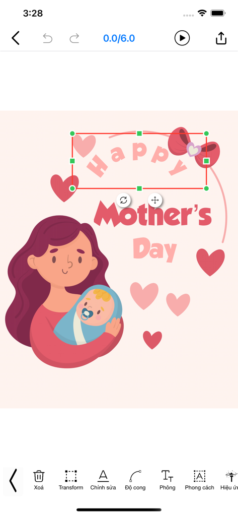 Editing a Mother's Day card with illustrations and curved text in the Phonto app.