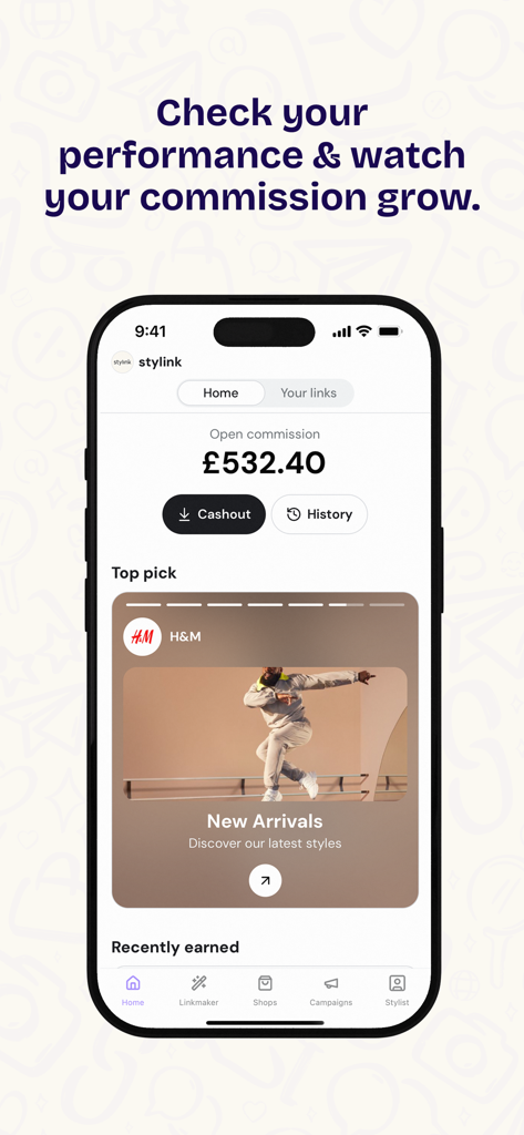 stylink – your creator tool - Mobile Oberfläche der stylink App, die ein Creator Dashboard mit offenem Provisionsguthaben und einer Markenaktion von H&M zeigt