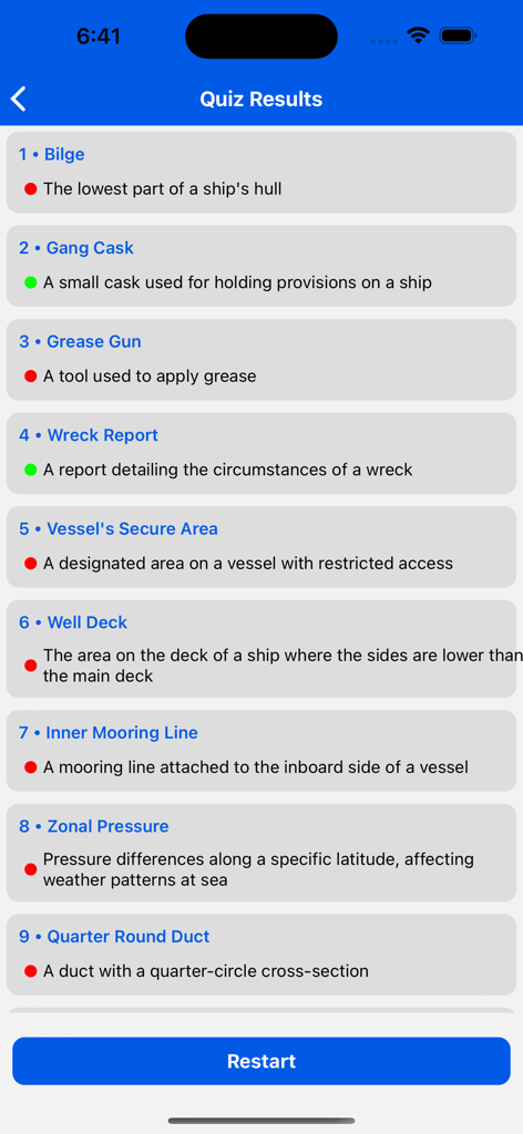 Maritime Terms & Dictionary - Quiz results screen from the Maritime Terms and Dictionary app showing nautical definitions