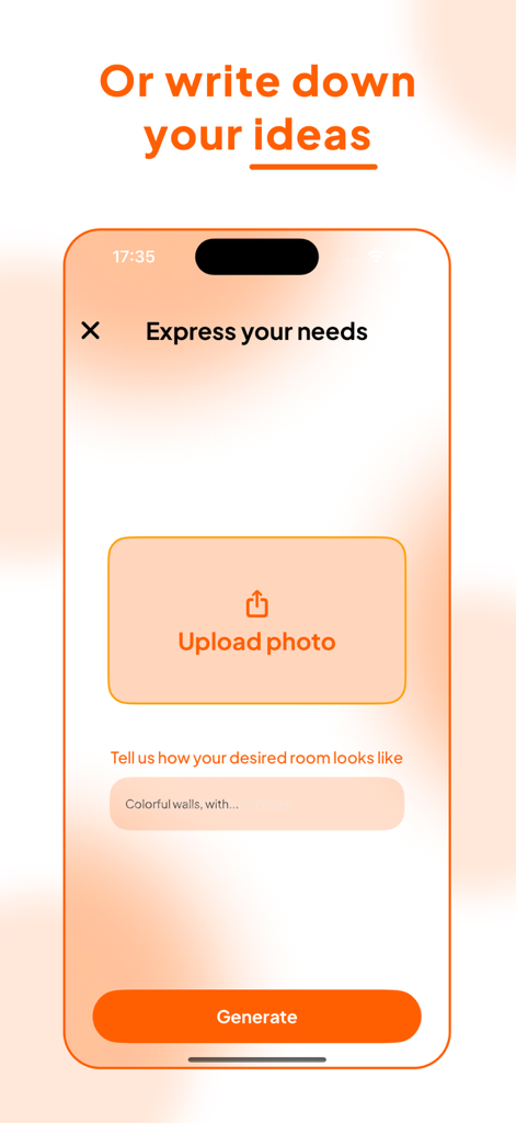 AI Design: Homey - Screenshot of Homey AI app showing the upload photo button and text prompt area to describe custom room design ideas before generation.