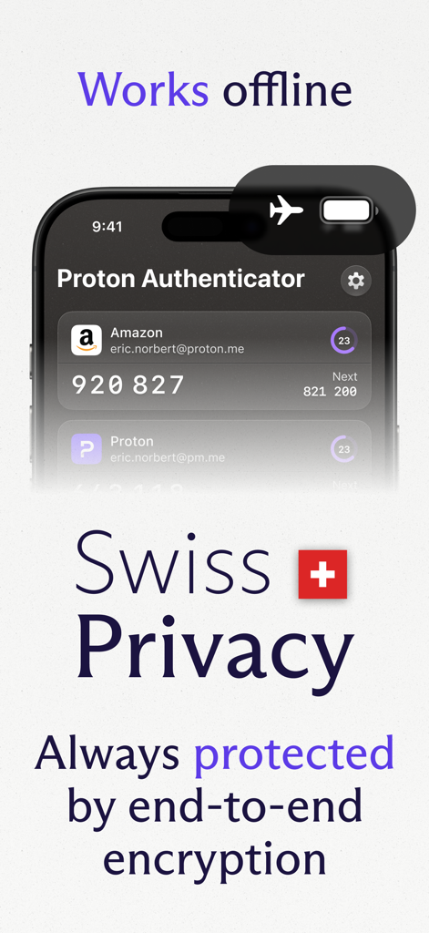 Proton Authenticator - Proton Authenticator app interface showing two factor authentication codes with offline mode and Swiss privacy protection