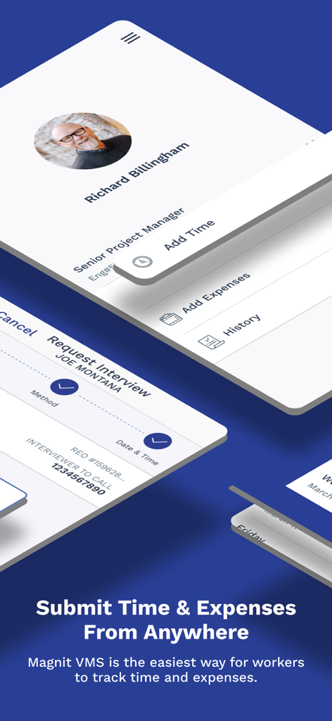 Magnit VMS Mobile app interface showing time and expense tracking for workers and managers