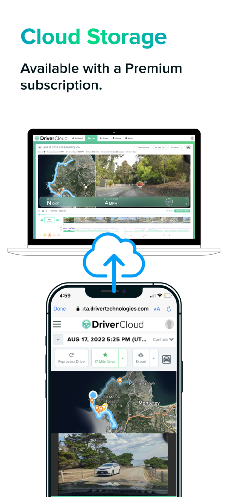 Driver app cloud storage interface showing trip data and video synced between a smartphone and laptop