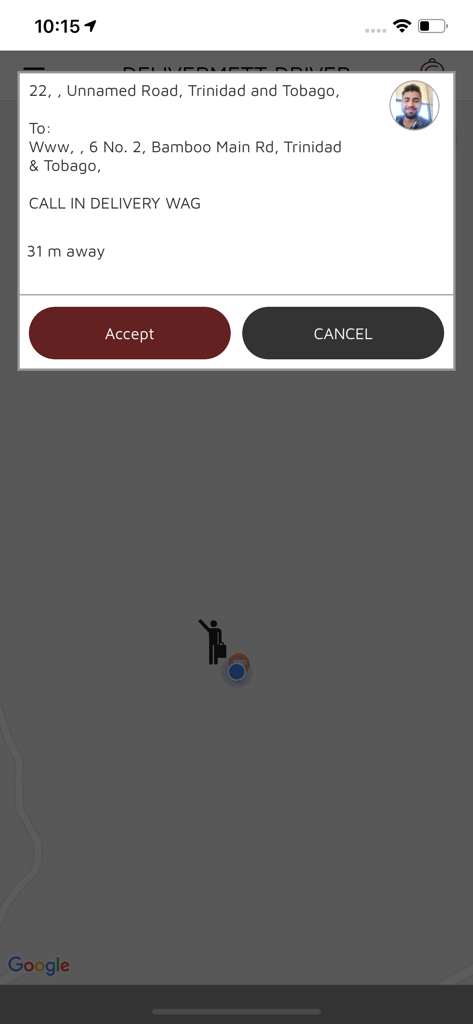 DeliverMe TT Driver - DeliverMe TT Driver app interface showing an incoming delivery request with location details and accept or cancel options.