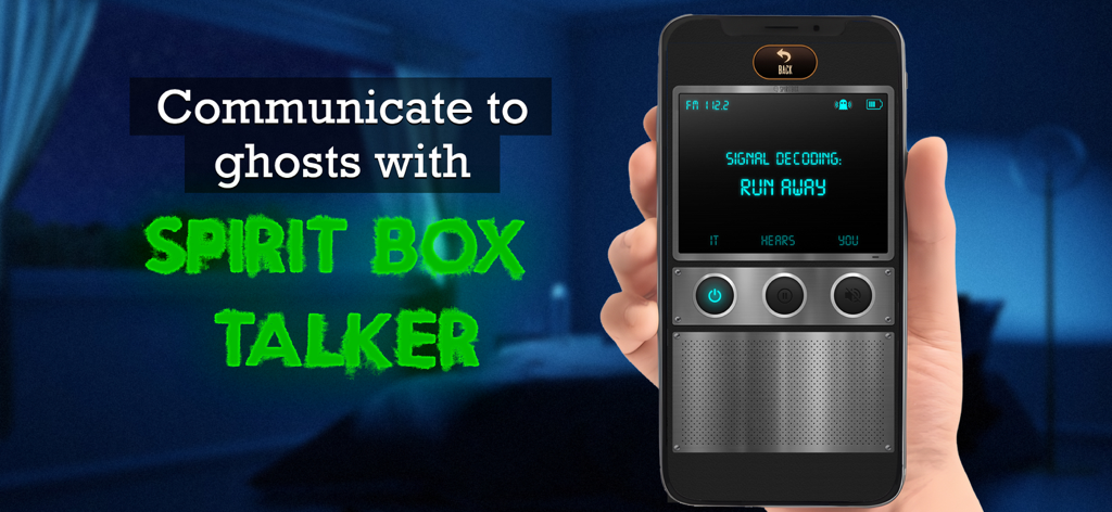 Ghost Detector Pro Radar - A person holding a smartphone using the Spirit Box Talker simulation in a dark room