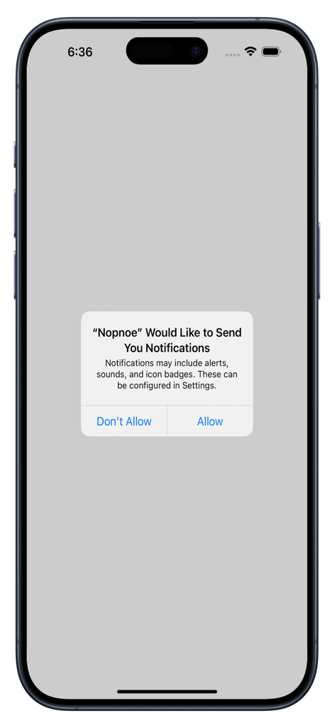 NoPhone NoEmail - An iOS system alert asking for permission to send notifications for the Nopnoe app.