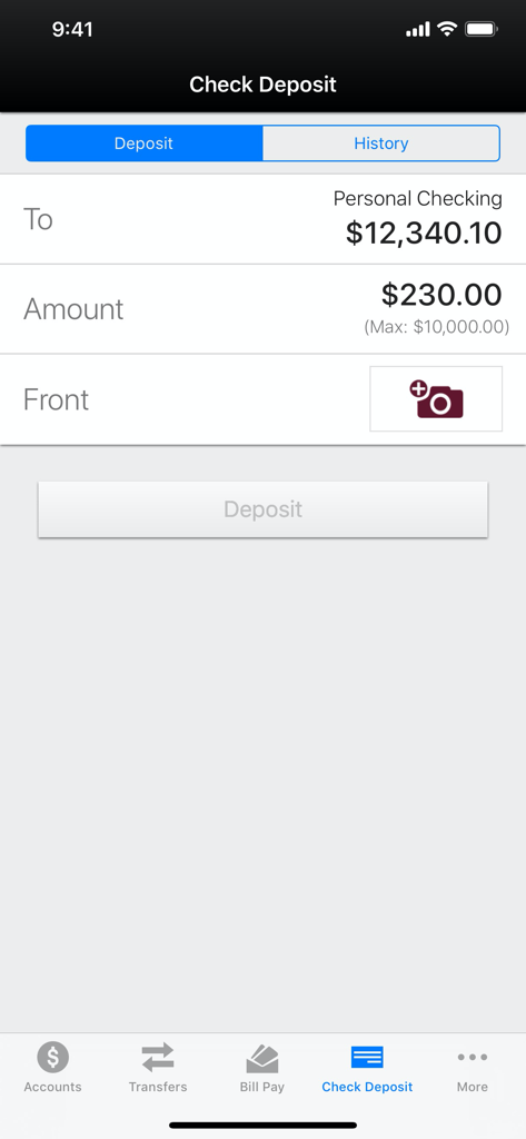 Mechanics Bank mobile banking app screen showing the interface to deposit a check with fields for amount and check photo.