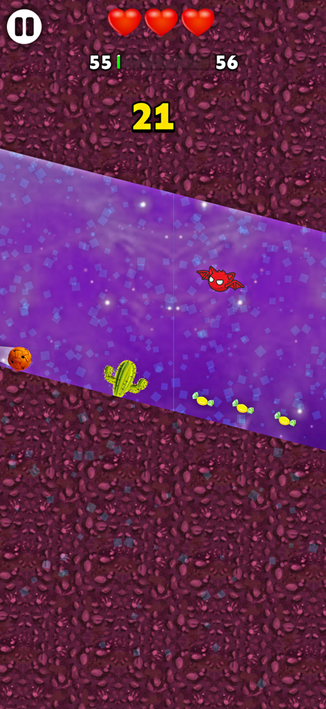 Monkey Hook - No Wifi Game - Una captura de pantalla del juego de Monkey Hook que muestra al jugador navegando por una plataforma morada con un murciélago rojo y cactus como obstáculos.