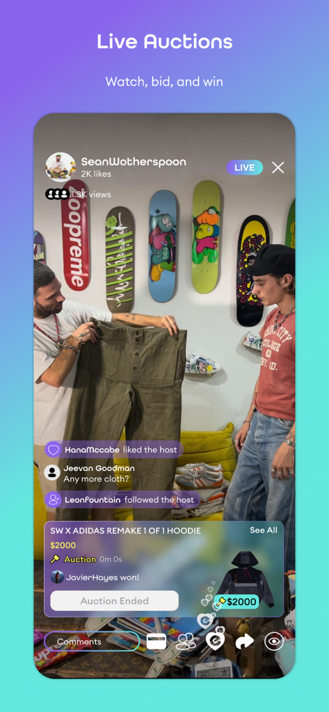 ezze: Stream, Shop & Socialize - Screenshot of a live auction for vintage streetwear in the ezze app featuring real time chat and bidding