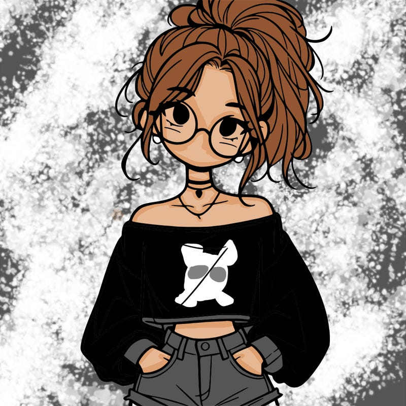 girl with a messy ponytail glasses a baggy crop top and jean shorts