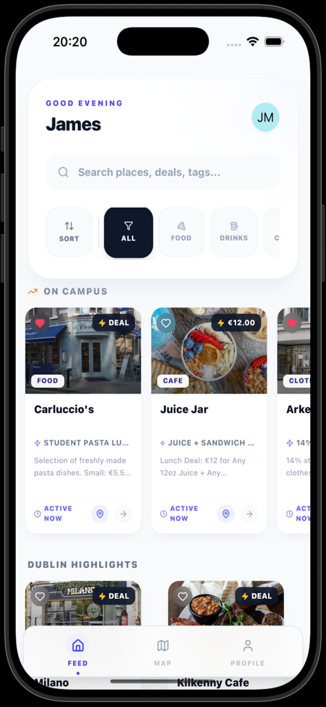 Student City - Le fil d'actualité de l'application Student City montrant une liste de réductions pour étudiants dans les cafés et restaurants de Dublin.