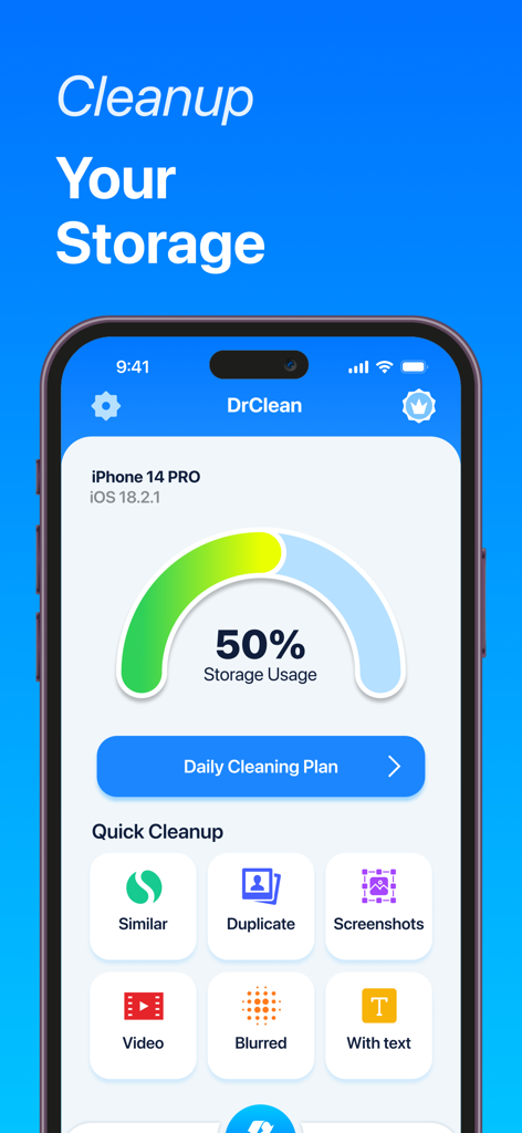 Phone Cleaner & File Manager - Smartphone screen showing the DrClean Kit app dashboard with storage usage at fifty percent and quick cleanup options.