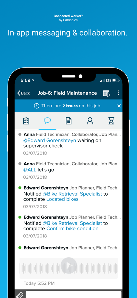 Parsable - Screenshot of the Parsable mobile app showing the in-app messaging and collaboration interface for a field maintenance job.