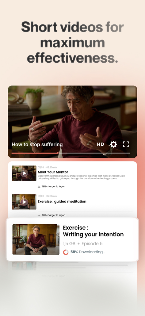 MentorShow - MentorShow app interface displaying short video lessons with Dr. Gabor Mate and a lesson download in progress