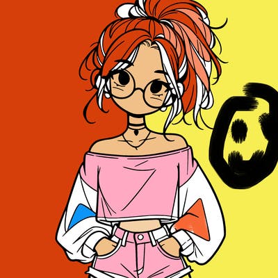 girl with a messy ponytail glasses a baggy crop top and jean shorts