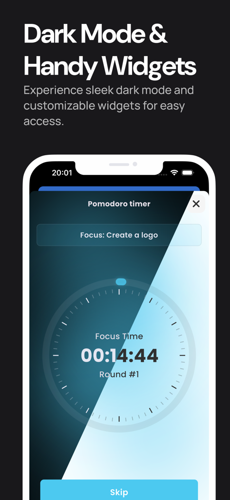 Blueprint - Project Management - Blueprint app Pomodoro timer interface in dark mode showing a focus session countdown