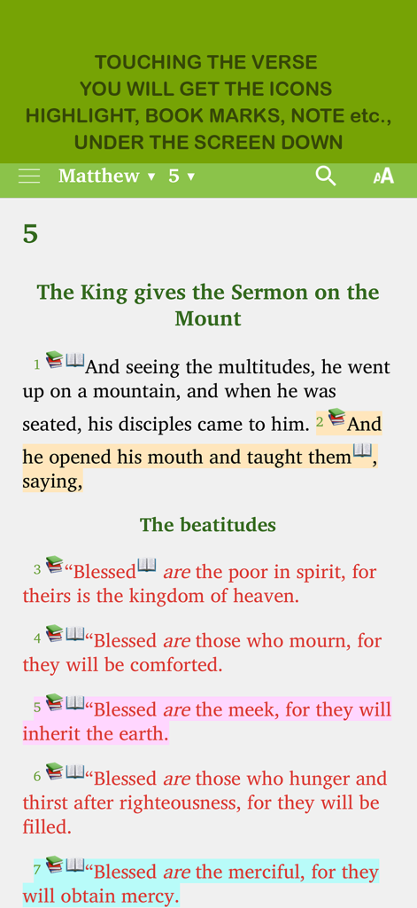Interface of The Pastors Study Bible app showing highlighted scripture from Matthew chapter 5
