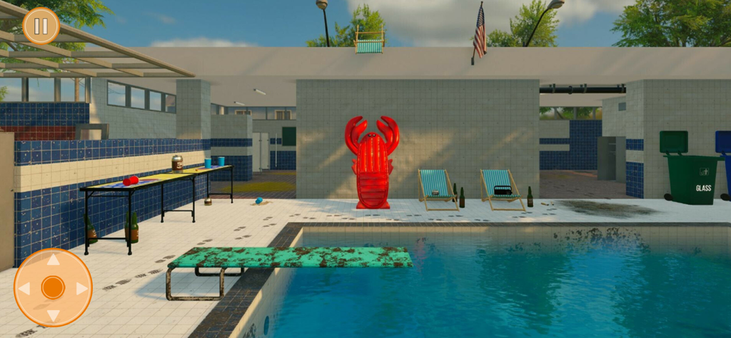 Un área de piscina con un trampolín y un flotador de langosta roja en un juego de simulación de limpieza