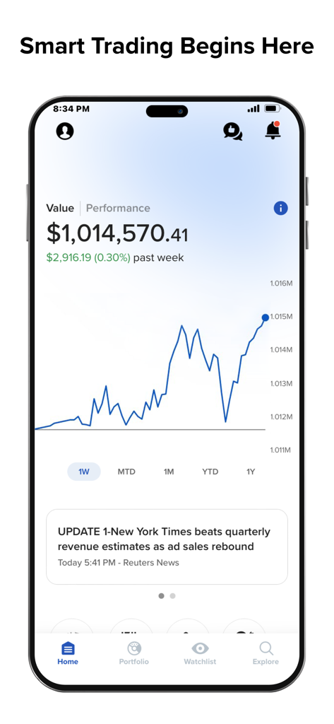 BlackBull Invest mobile app interface displaying a financial portfolio value and performance chart