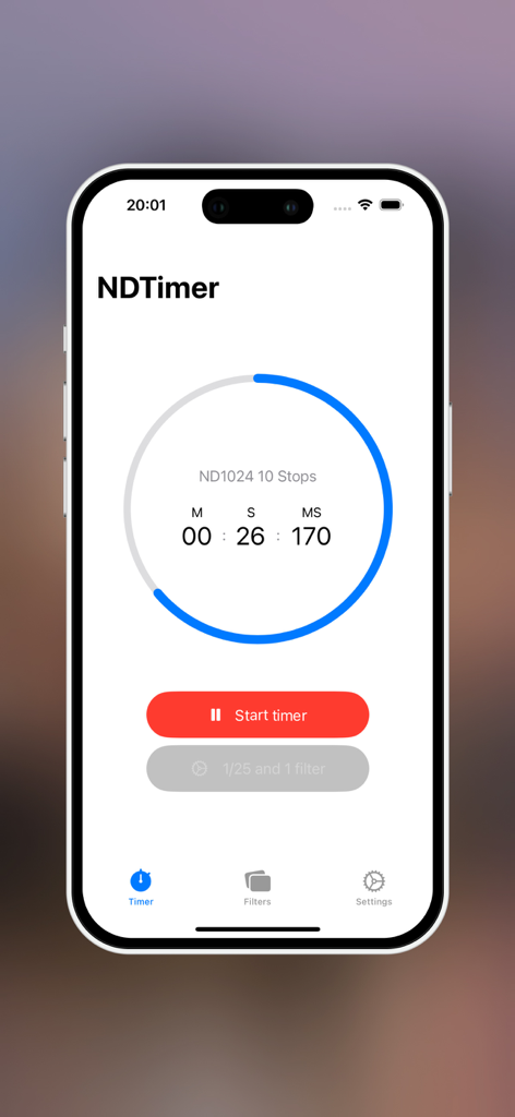 Interfaz de la aplicación NDTimer que muestra un temporizador de cuenta regresiva para un filtro ND de 10 pasos.