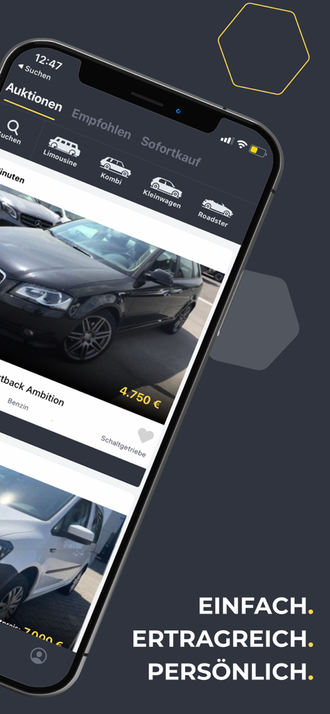 CarOnSale - Aplicativo CarOnSale mostrando uma lista de leilões de carros e categorias de veículos para concessionárias profissionais.