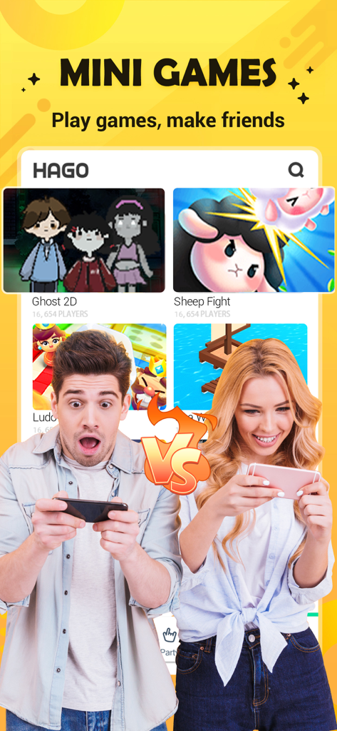 A young man and woman playing competitive mini games on the Hago social app