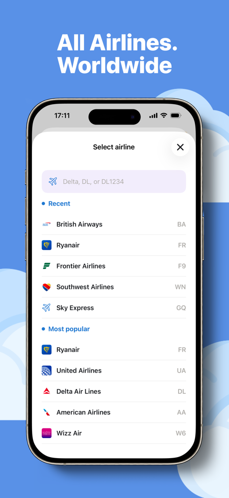 OnlyFlights - Flight Tracker - OnlyFlightsアプリのインターフェースに、フライト追跡のための人気グローバル航空会社の検索可能なリストが表示されています