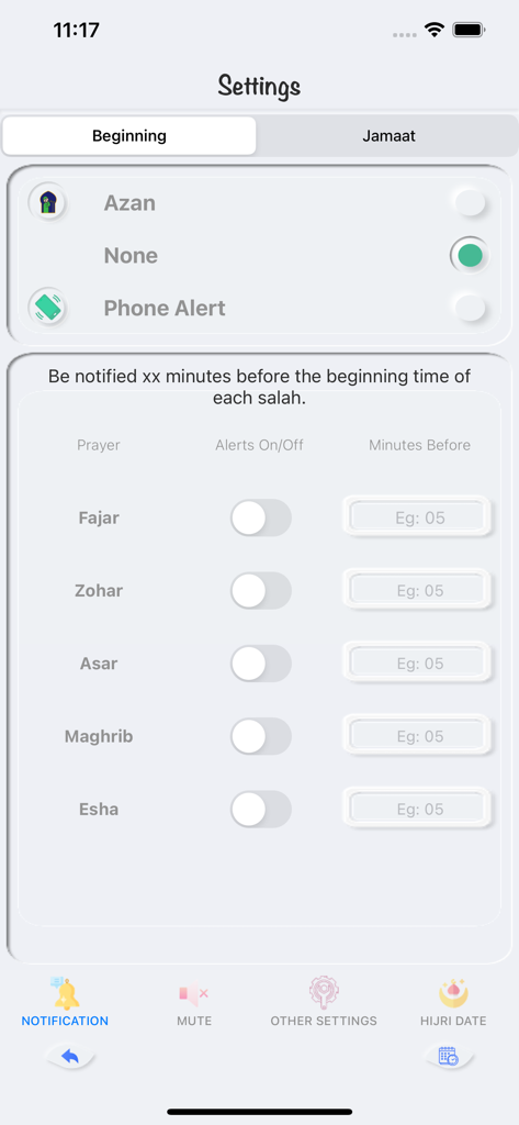 Notification settings screen in the Masjid Timetable app showing custom alert options for daily prayer times