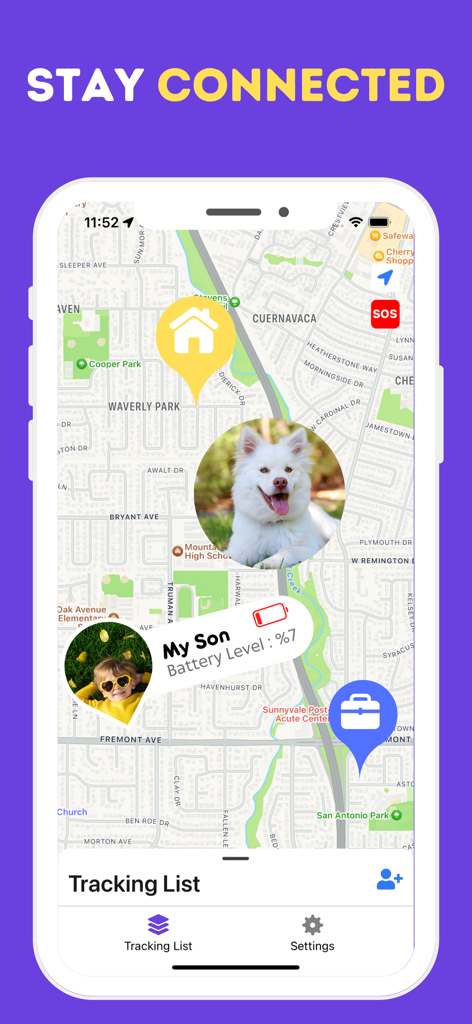 xFind・Location Find from Phone - Smartphone screen showing xFind app with real time family member locations and low battery notification