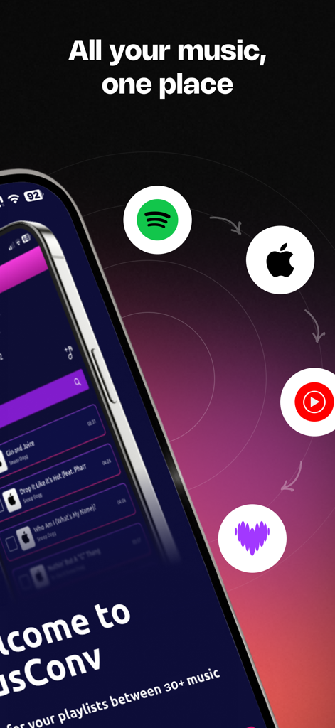 MusConv: Playlist Transfer - Interfaz de la app MusConv mostrando la transferencia de playlists entre Spotify, Apple Music y YouTube Music