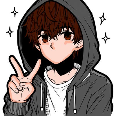 teenage manga boy in a hoodie, doing ✌