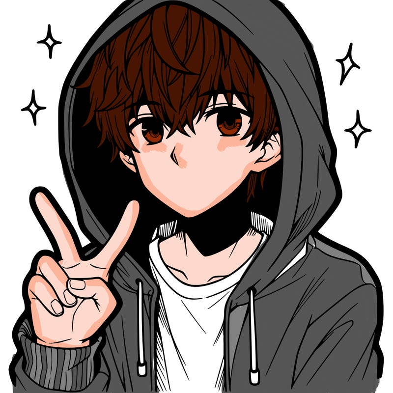 teenage manga boy in a hoodie, doing ✌