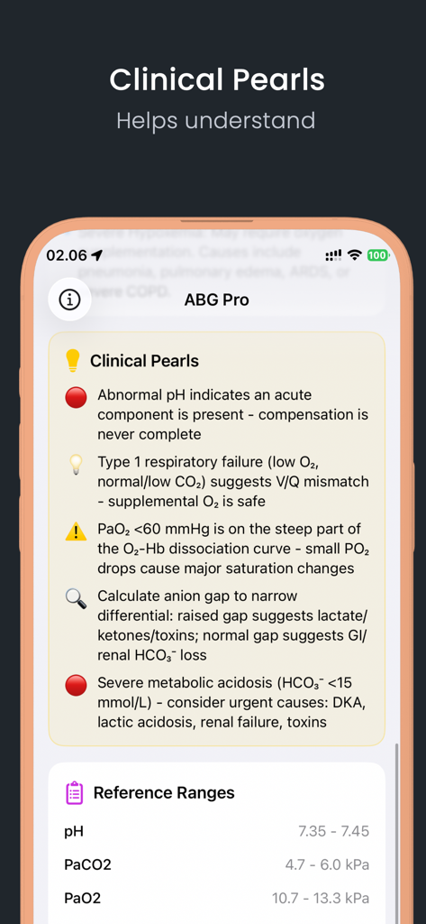 ABG Pro Acid Base Calculator - ABG Pro app interface showing clinical pearls and medical reference ranges for blood gas analysis.