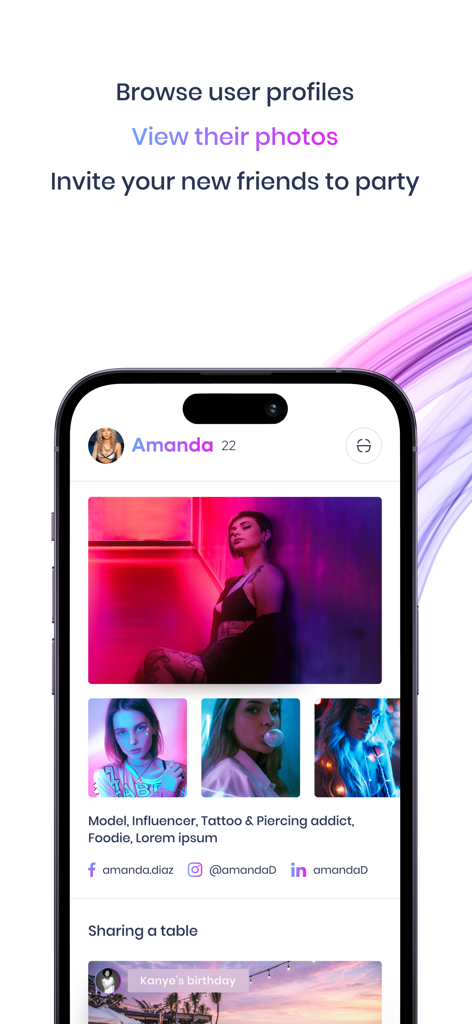 A user profile interface on the TABLER app featuring photos and social media links for nightlife networking.