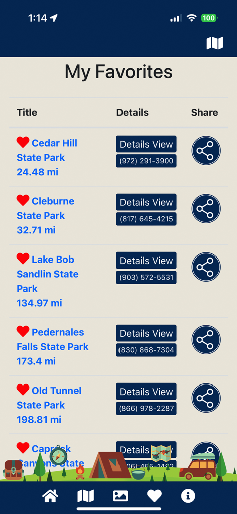 TX State Parks - The My Favorites screen of the TX State Parks app showing a list of parks with distance and contact information