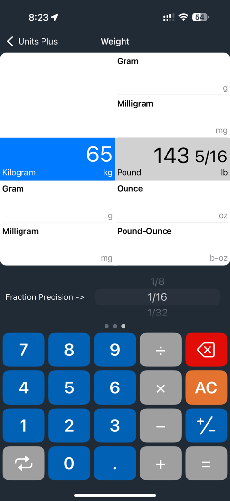 Units Plus app interface showing a weight conversion from 65 kilograms to 143 and 5/16 pounds with a keypad.