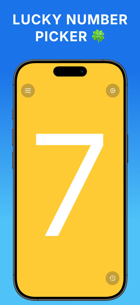 Random Number Generator . - Aplicativo Lucky Number Picker exibindo um número grande branco sete em um fundo amarelo.