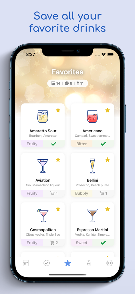 Schermata Preferiti dell'app di ricette di cocktail FreeFlow che mostra un elenco curato di bevande salvate come Amaretto Sour ed Espresso Martini.