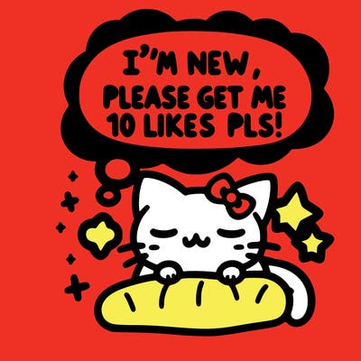 kitty taking a nap dream talking and saying "i'm new, please get me at least 10 likes pls!!"