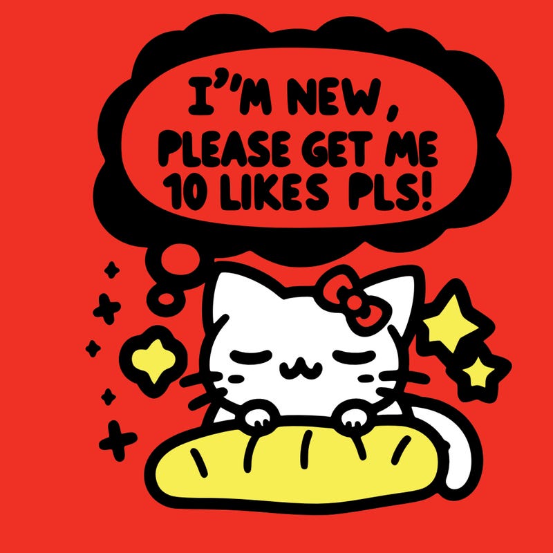 kitty taking a nap dream talking and saying "i'm new, please get me at least 10 likes pls!!"