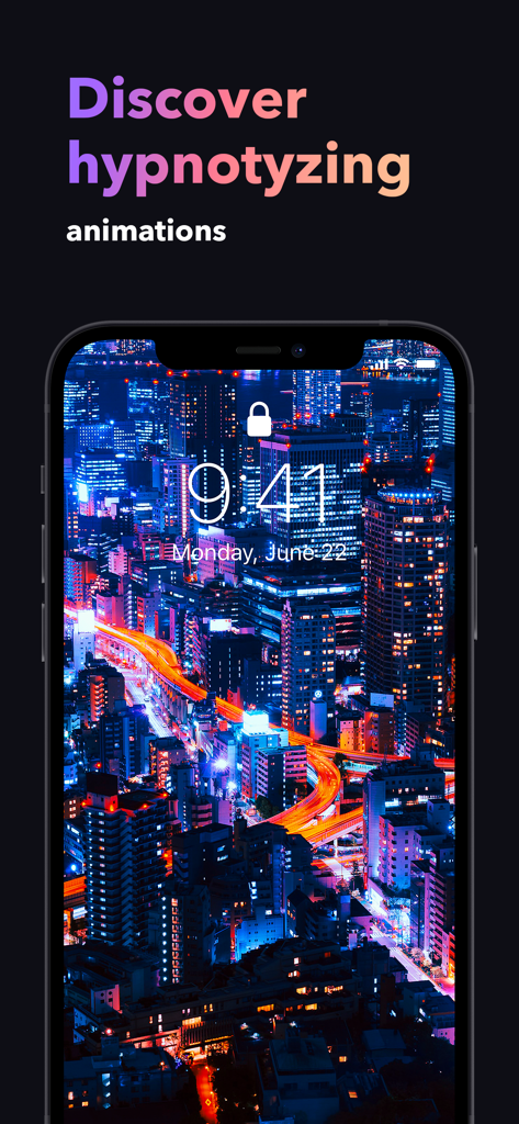 Ein iPhone-Sperrbildschirm mit einem lebendigen 4k-City-Night-Live-Hintergrund