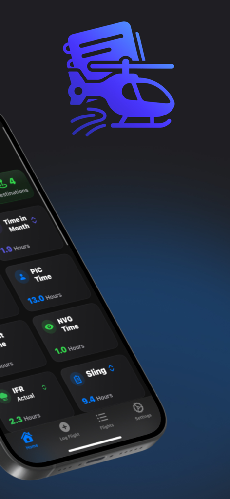 RotorLog helicopter logbook dashboard showing PIC, NVG, and Sling flight hours.