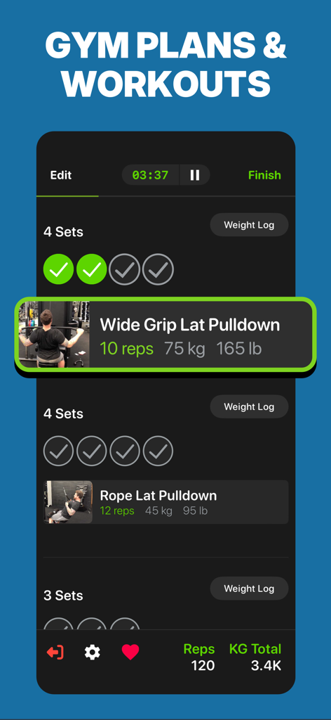 Gym Workout Planner - Gym Plan - Um ecrã de telemóvel mostrando um monitor de treino de ginásio com séries e repetições para exercícios de puxada dorsal