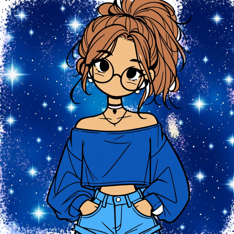 girl with a messy ponytail glasses a baggy crop top and jean shorts