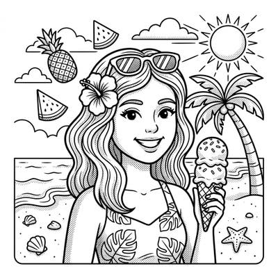 Capture the essence of summer with this delightful dot work portrait coloring page, featuring a smiling girl enjoying a sunny beach day. Unleash your creativity on this intricate design, perfect for relaxation and bringing vibrant life to a serene tropical scene.