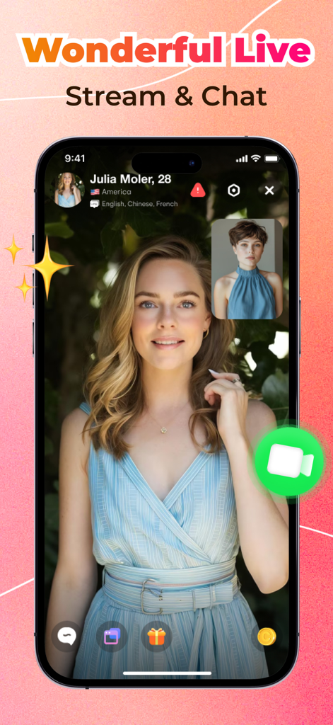 Doul app screenshot showing a live video chat interface with user profile details and interaction icons