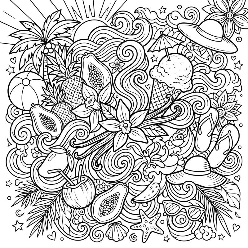 Embark on a delightful summer journey with this unique coloring page, blending the sweet essence of vanilla with vibrant tropical scenes. Discover intricate details of exotic fruits, beach accessories, and fragrant vanilla blossoms, perfect for a relaxing creative session.